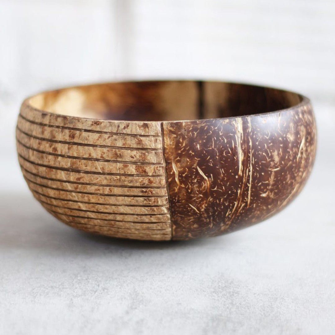 Hand - carved Jumbo 900ml Coconut Bowl with Spoon and Fork Brown – Serving Set on Brown Living™. SKU: 173 - 13760 - THENGA18. Img 2.