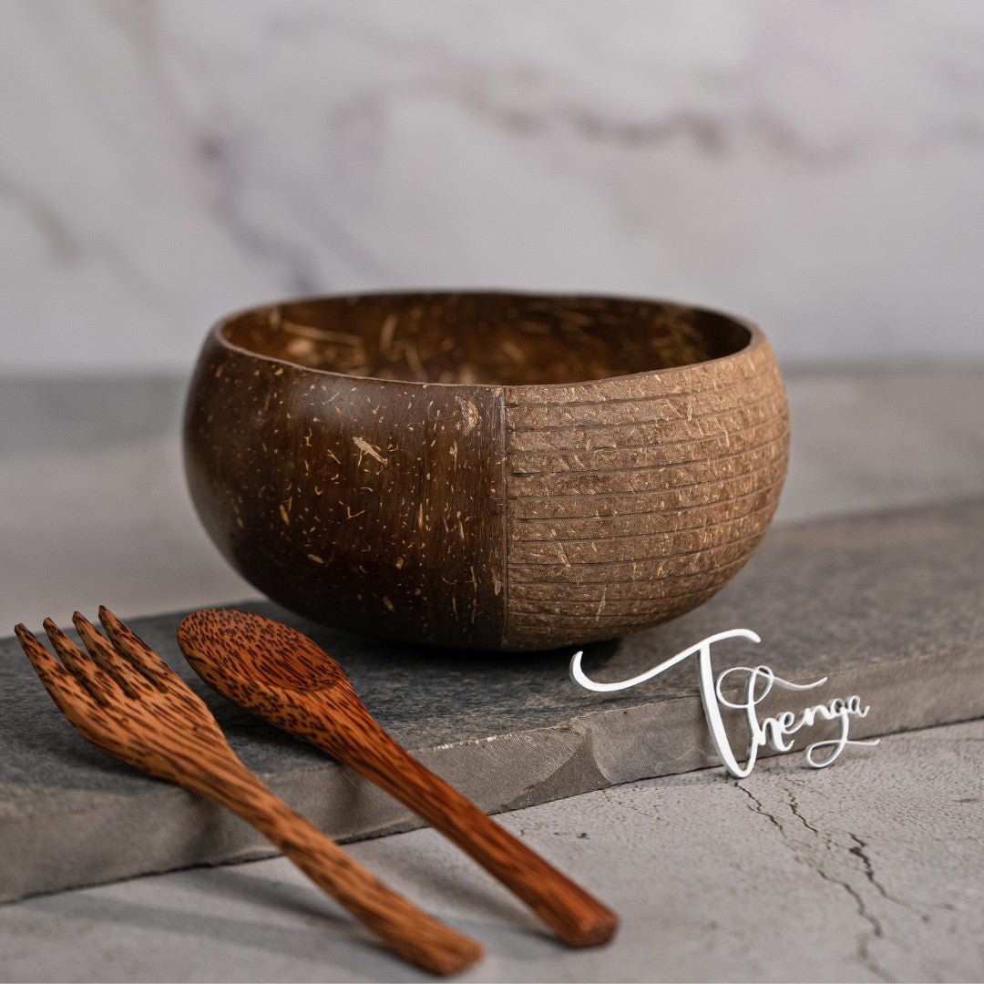 Hand - carved Jumbo 900ml Coconut Bowl with Spoon and Fork Brown – Serving Set on Brown Living™. SKU: 173 - 13760 - THENGA18. Img 3.