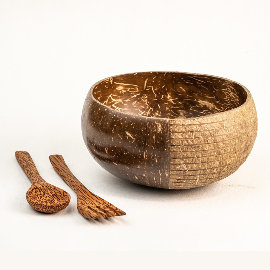 Hand - carved Jumbo 900ml Coconut Bowl with Spoon and Fork Brown – Serving Set on Brown Living™. SKU: 173 - 13760 - THENGA18. Img 1.