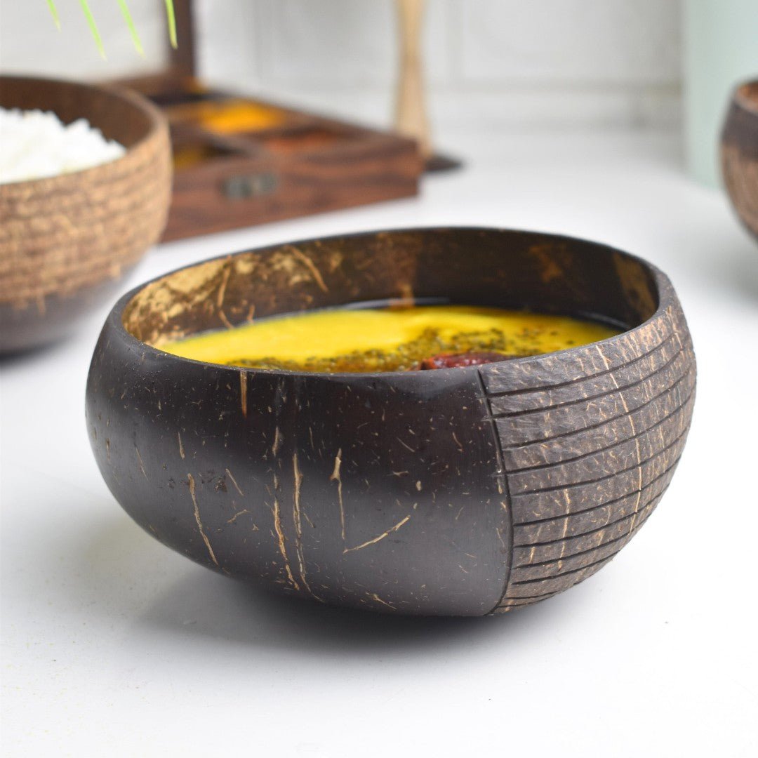 Hand - carved Jumbo 900ml Coconut Bowl with Spoon and Fork Brown – Serving Set on Brown Living™. SKU: 173 - 13760 - THENGA18. Img 4.