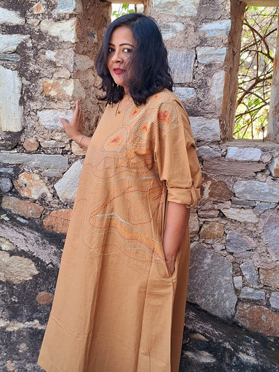 Hand Embroidered Beige Dress for Women | Elegant Cotton Dress – Womens Dress on Brown Living™. SKU: MUDRAYAS11. Img 5.