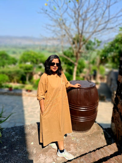 Hand Embroidered Beige Dress for Women | Elegant Cotton Dress – Womens Dress on Brown Living™. SKU: MUDRAYAS11. Img 4.