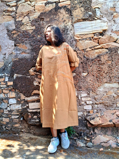 Hand Embroidered Beige Dress for Women | Elegant Cotton Dress – Womens Dress on Brown Living™. SKU: MUDRAYAS11. Img 1.