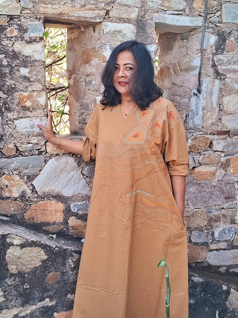 Hand Embroidered Beige Dress for Women | Elegant Cotton Dress – Womens Dress on Brown Living™. SKU: MUDRAYAS11. Img 8.