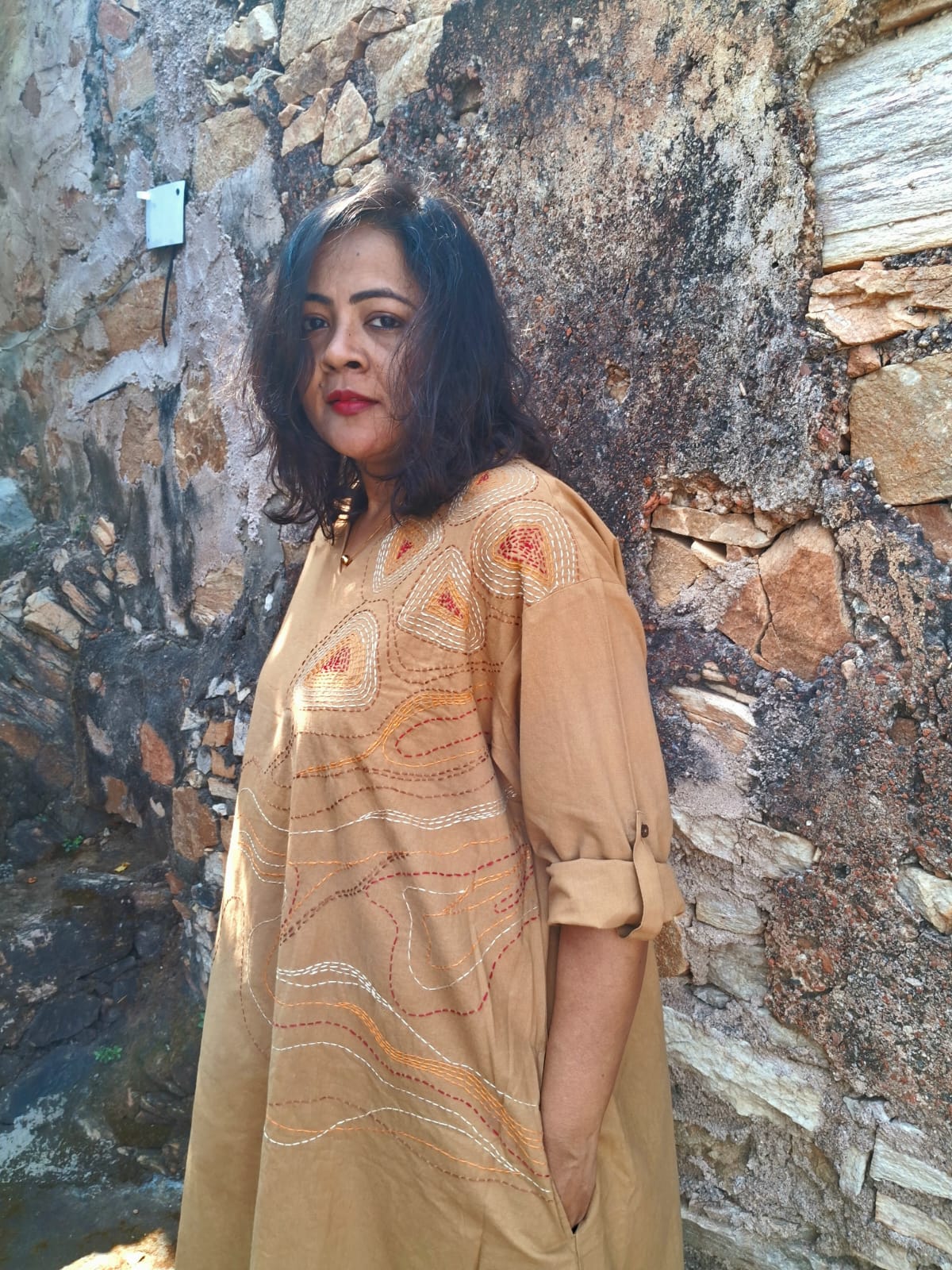 Hand Embroidered Beige Dress for Women | Elegant Cotton Dress – Womens Dress on Brown Living™. SKU: MUDRAYAS11. Img 7.