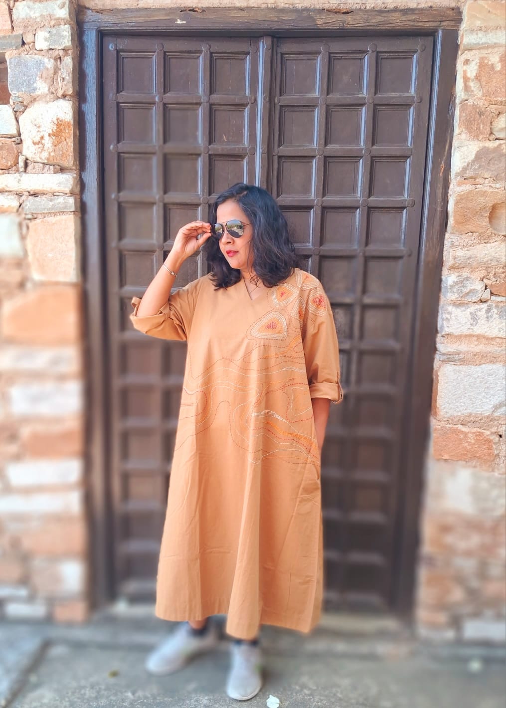 Hand Embroidered Beige Dress for Women | Elegant Cotton Dress – Womens Dress on Brown Living™. SKU: MUDRAYAS11. Img 2.