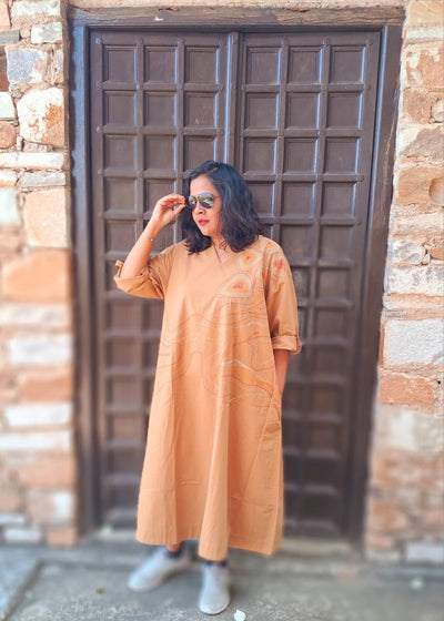 Hand Embroidered Beige Dress for Women | Elegant Cotton Dress – Womens Dress on Brown Living™. SKU: MUDRAYAS11. Img 2.