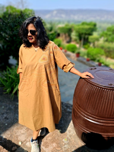 Hand Embroidered Beige Dress for Women | Elegant Cotton Dress – Womens Dress on Brown Living™. SKU: MUDRAYAS11. Img 3.