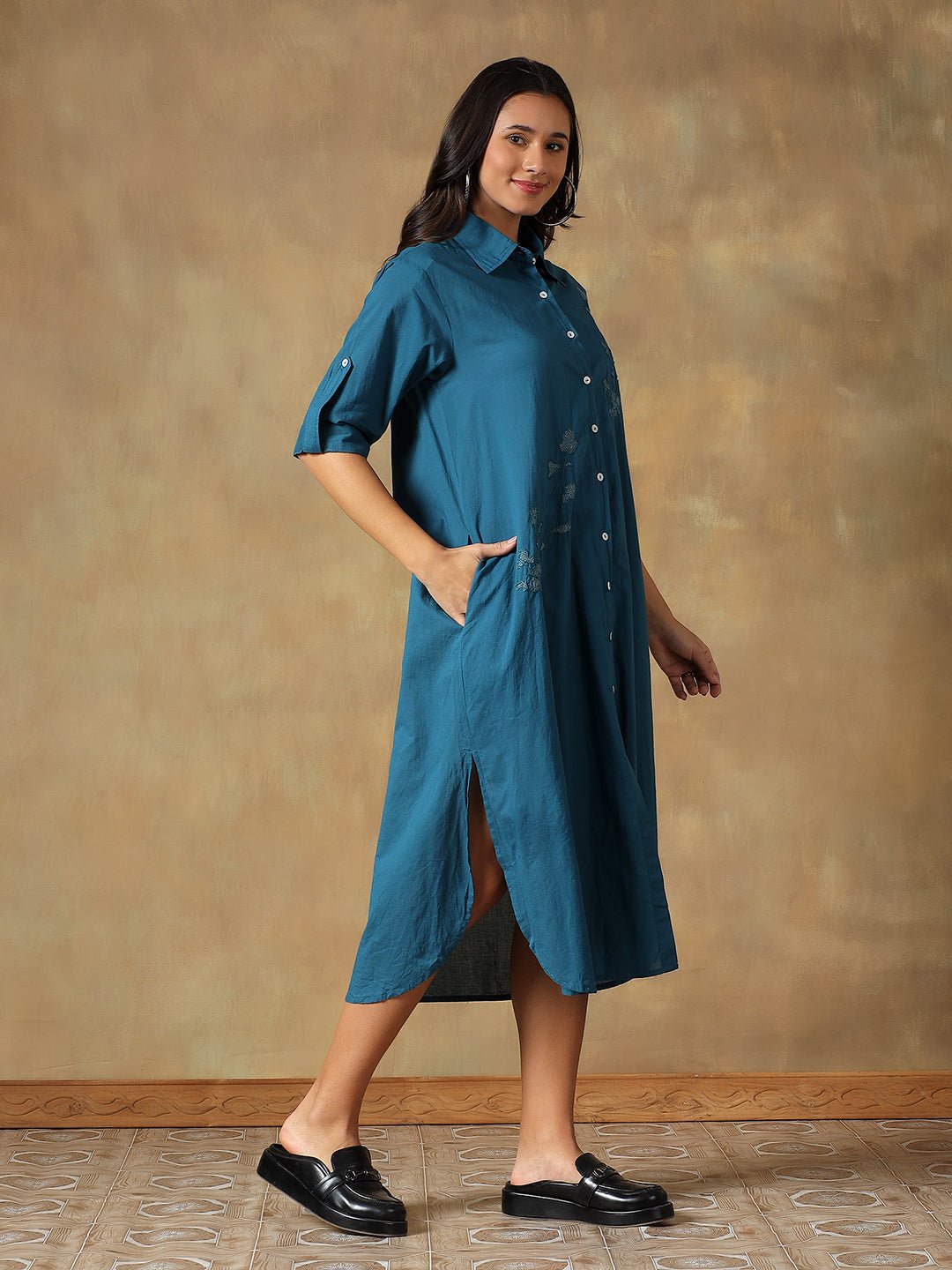 Hand Embroidered Cotton Chikankari Straight Fit Shirt Dress – Womens Dress on Brown Living™. SKU: IHTCSD02ST. Img 5.