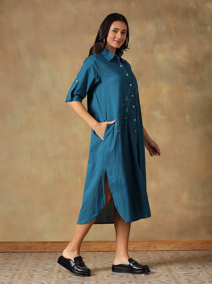 Hand Embroidered Cotton Chikankari Straight Fit Shirt Dress – Womens Dress on Brown Living™. SKU: IHTCSD02ST. Img 5.