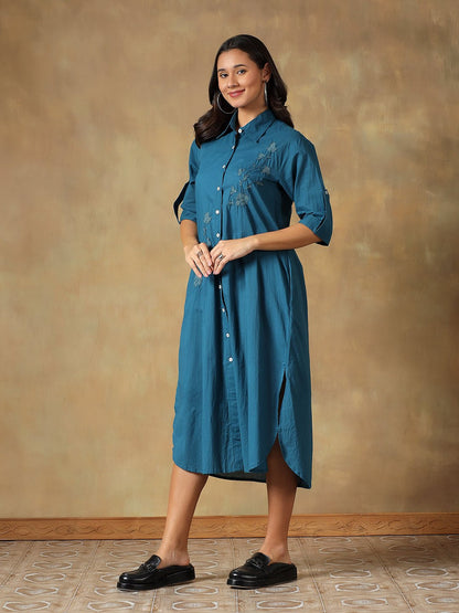 Hand Embroidered Cotton Chikankari Straight Fit Shirt Dress – Womens Dress on Brown Living™. SKU: IHTCSD02ST. Img 2.