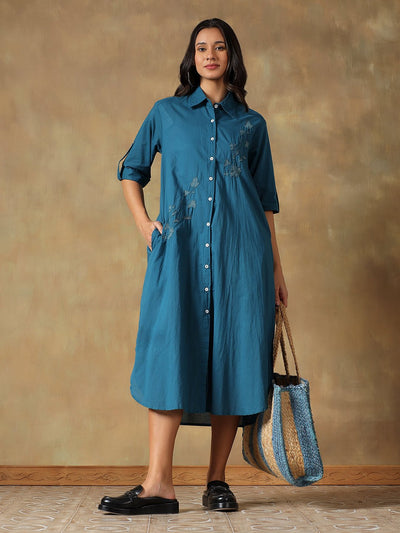 Hand Embroidered Cotton Chikankari Straight Fit Shirt Dress – Womens Dress on Brown Living™. SKU: IHTCSD02ST. Img 1.