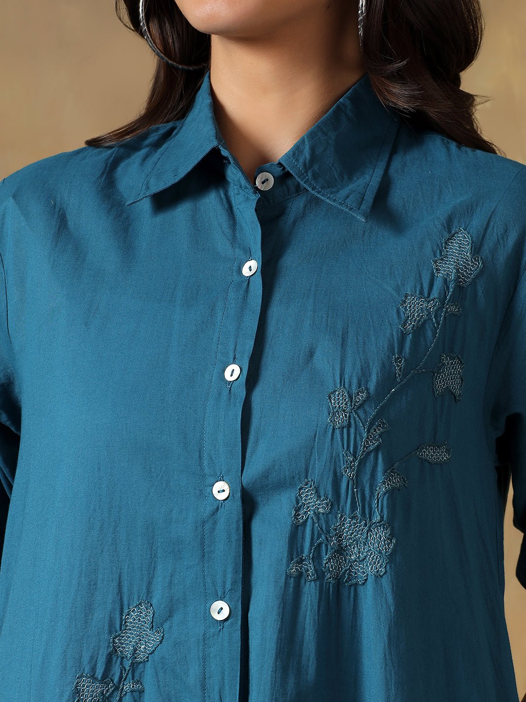 Hand Embroidered Cotton Chikankari Straight Fit Shirt Dress – Womens Dress on Brown Living™. SKU: IHTCSD02ST. Img 6.