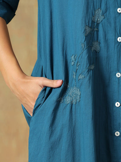 Hand Embroidered Cotton Chikankari Straight Fit Shirt Dress – Womens Dress on Brown Living™. SKU: IHTCSD02ST. Img 7.