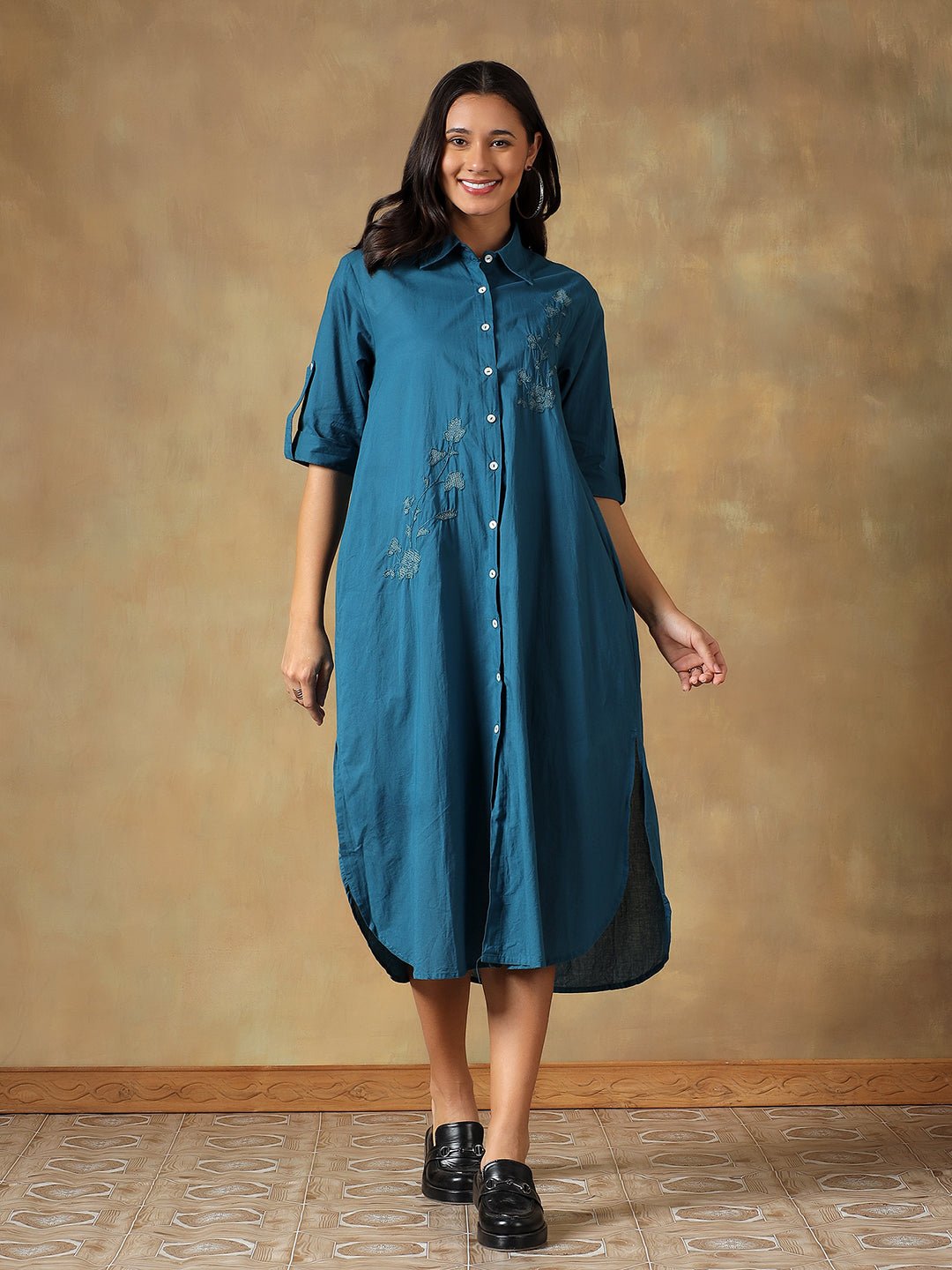 Hand Embroidered Cotton Chikankari Straight Fit Shirt Dress – Womens Dress on Brown Living™. SKU: IHTCSD02ST. Img 3.