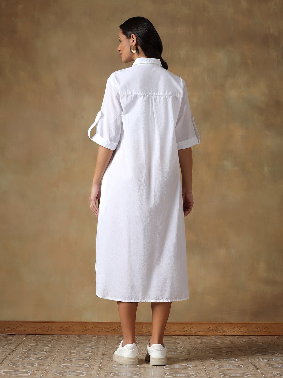 Hand Embroidered Cotton Chikankari Straight Fit Shirt Dress – Womens Dress on Brown Living™. SKU: IHTCSD02SW. Img 14.