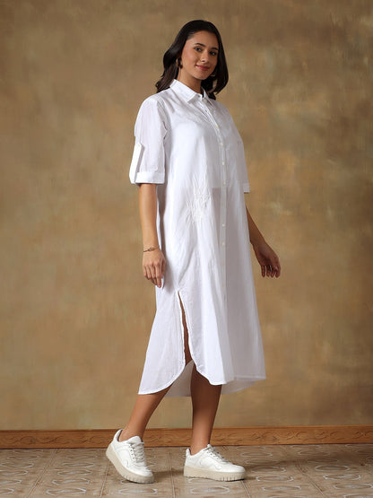 Hand Embroidered Cotton Chikankari Straight Fit Shirt Dress – Womens Dress on Brown Living™. SKU: IHTCSD02SW. Img 12.