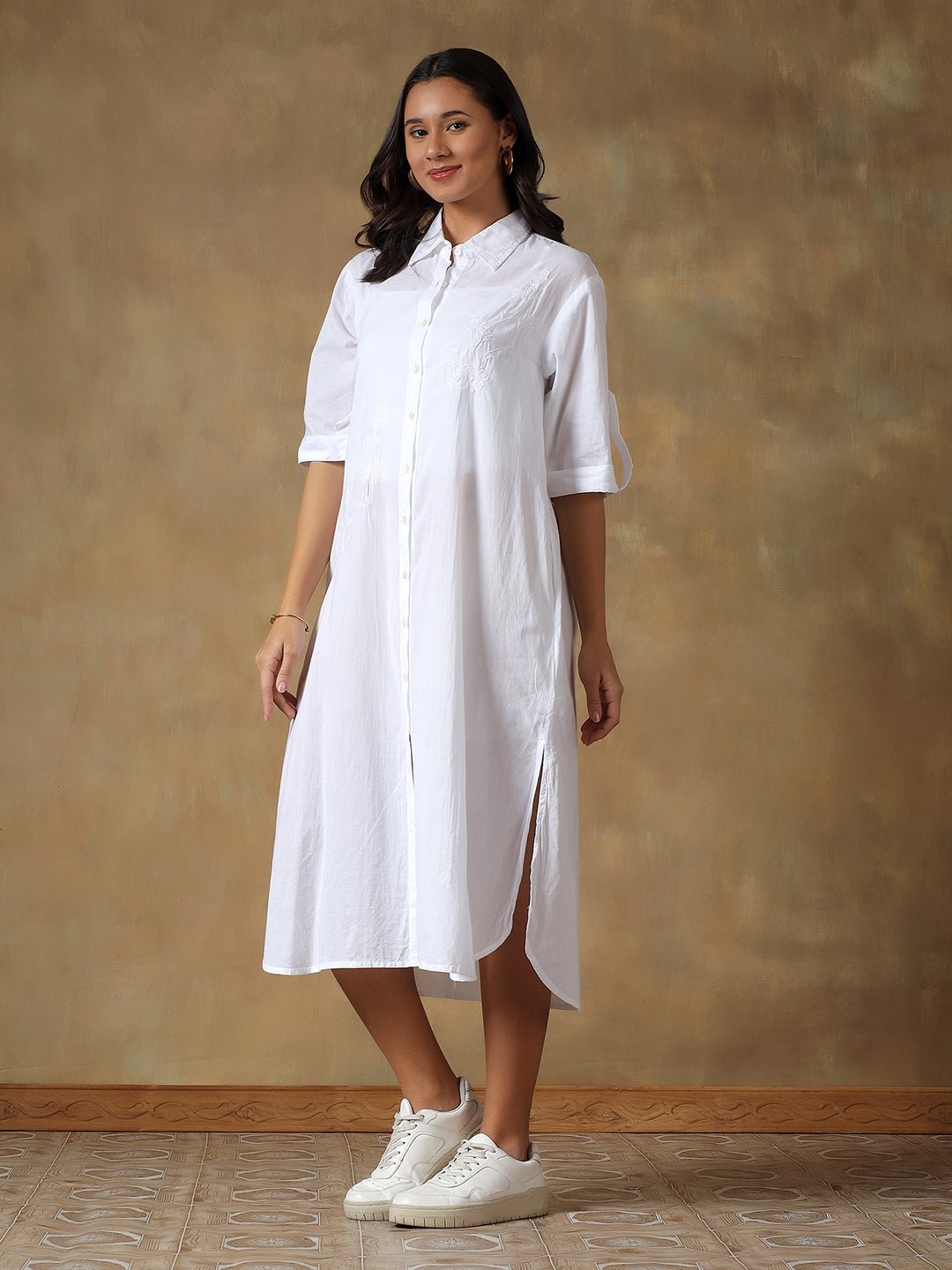 Hand Embroidered Cotton Chikankari Straight Fit Shirt Dress – Womens Dress on Brown Living™. SKU: IHTCSD02SW. Img 10.