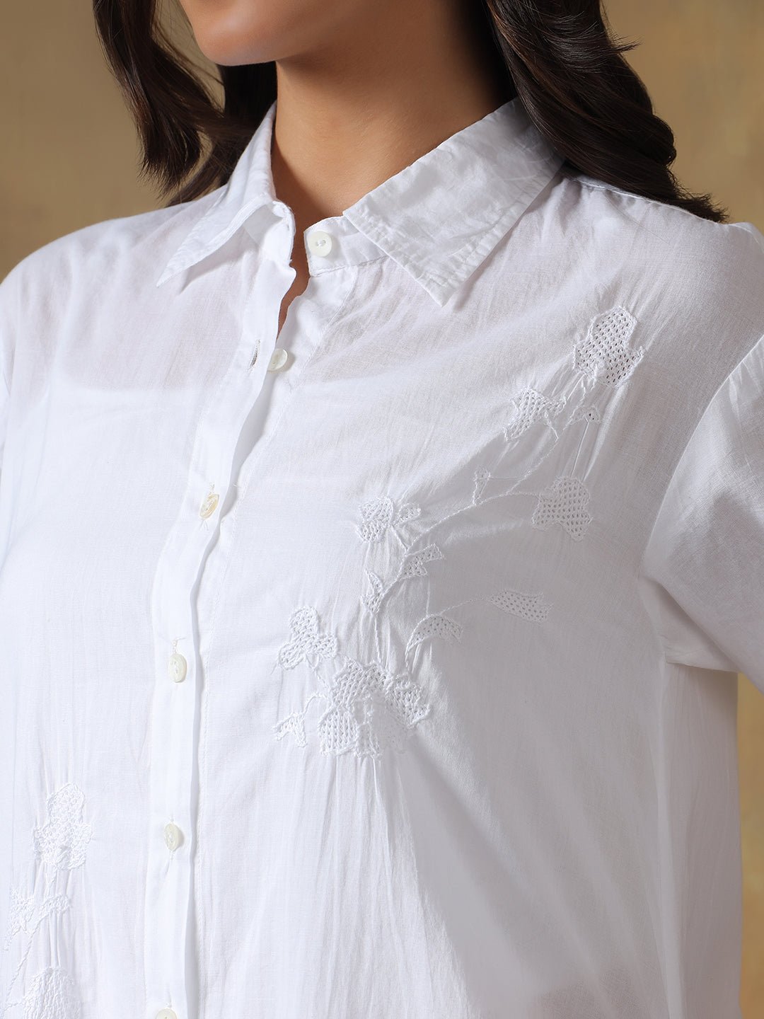 Hand Embroidered Cotton Chikankari Straight Fit Shirt Dress – Womens Dress on Brown Living™. SKU: IHTCSD02SW. Img 9.