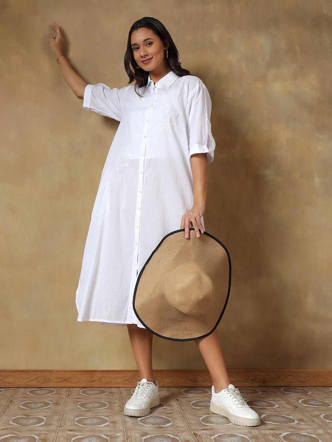 Hand Embroidered Cotton Chikankari Straight Fit Shirt Dress – Womens Dress on Brown Living™. SKU: IHTCSD02SW. Img 8.