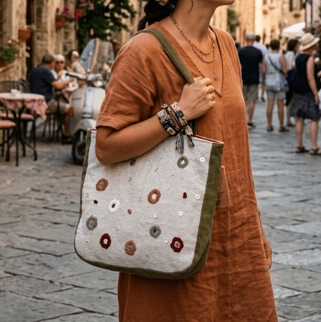 Hand Embroidered Linen Cotton Tote Bag – Womens Bag on Brown Living™. SKU: KRBL04. Img 1.