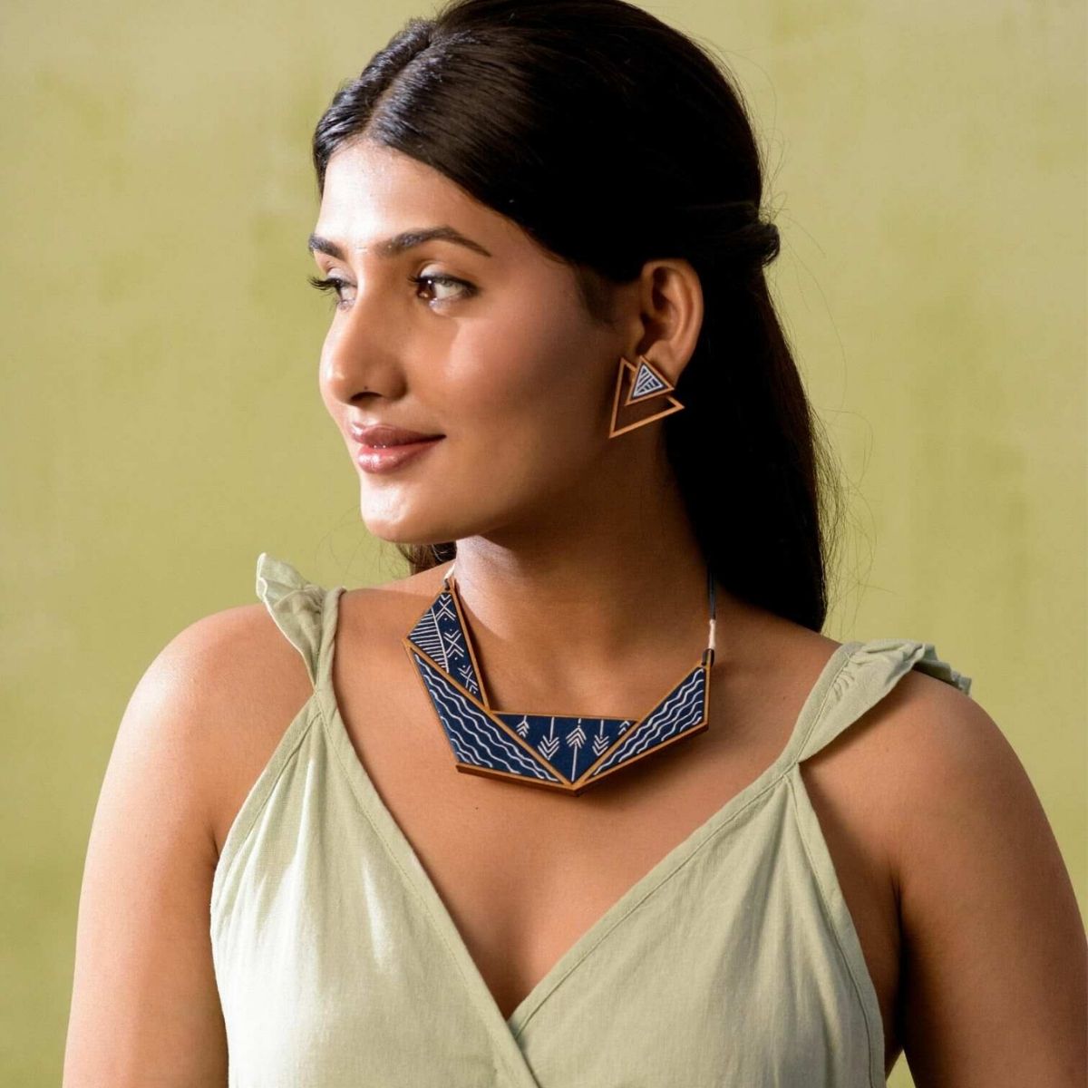 Hand Painted Blue Repurposed Fabric & Wood Necklace Earrings Combo – Womens Earrings on Brown Living™. SKU: JCC038. Img 1.