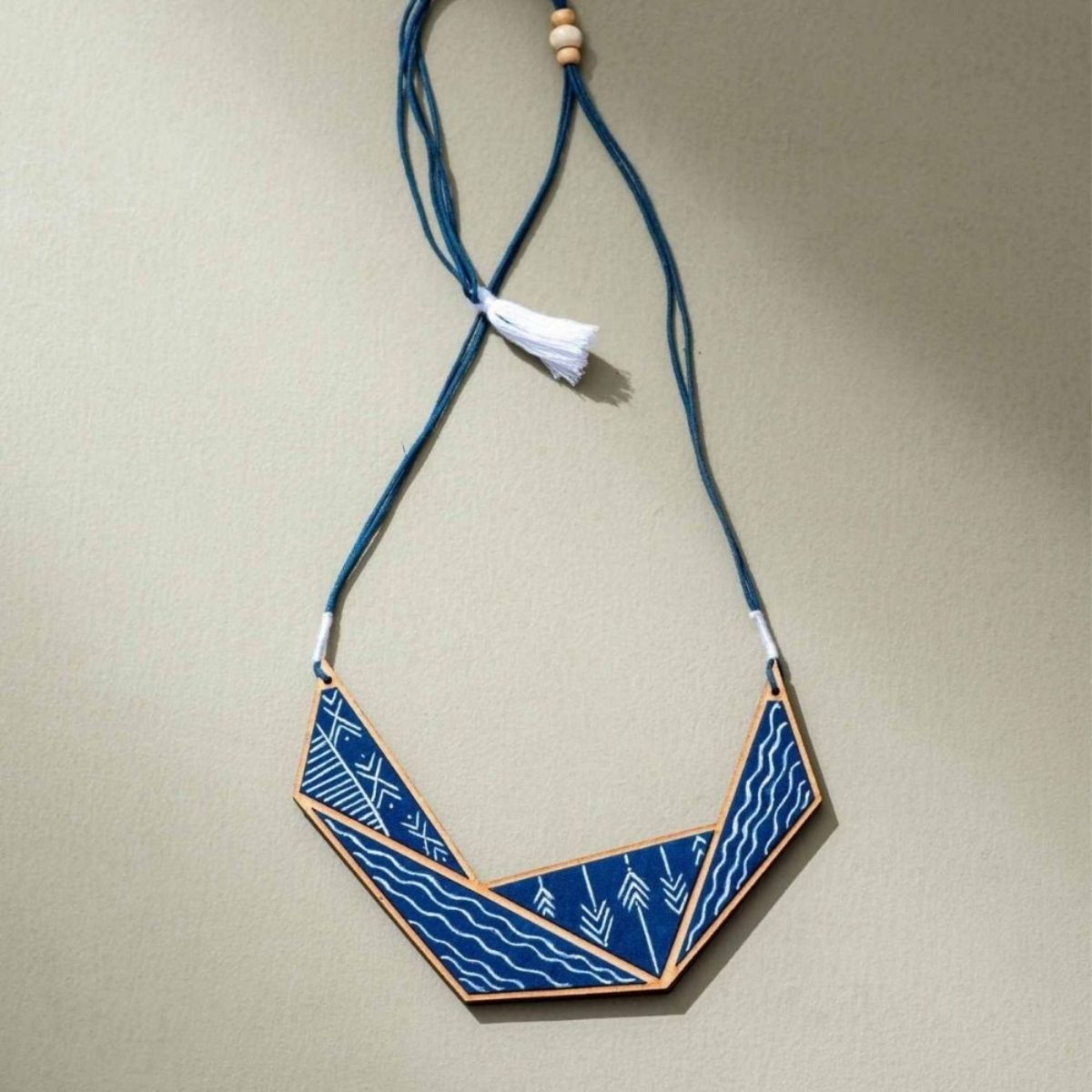 Hand Painted Blue Repurposed Fabric & Wood Necklace Earrings Combo – Womens Earrings on Brown Living™. SKU: JCC038. Img 2.