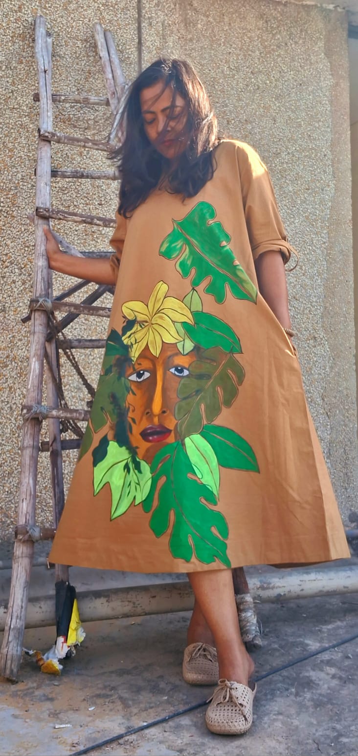 Hand Painted Brown Long Dress for Women | Artistic Maxi Dress – Womens Dress on Brown Living™. SKU: MUDRAYAS16. Img 1.