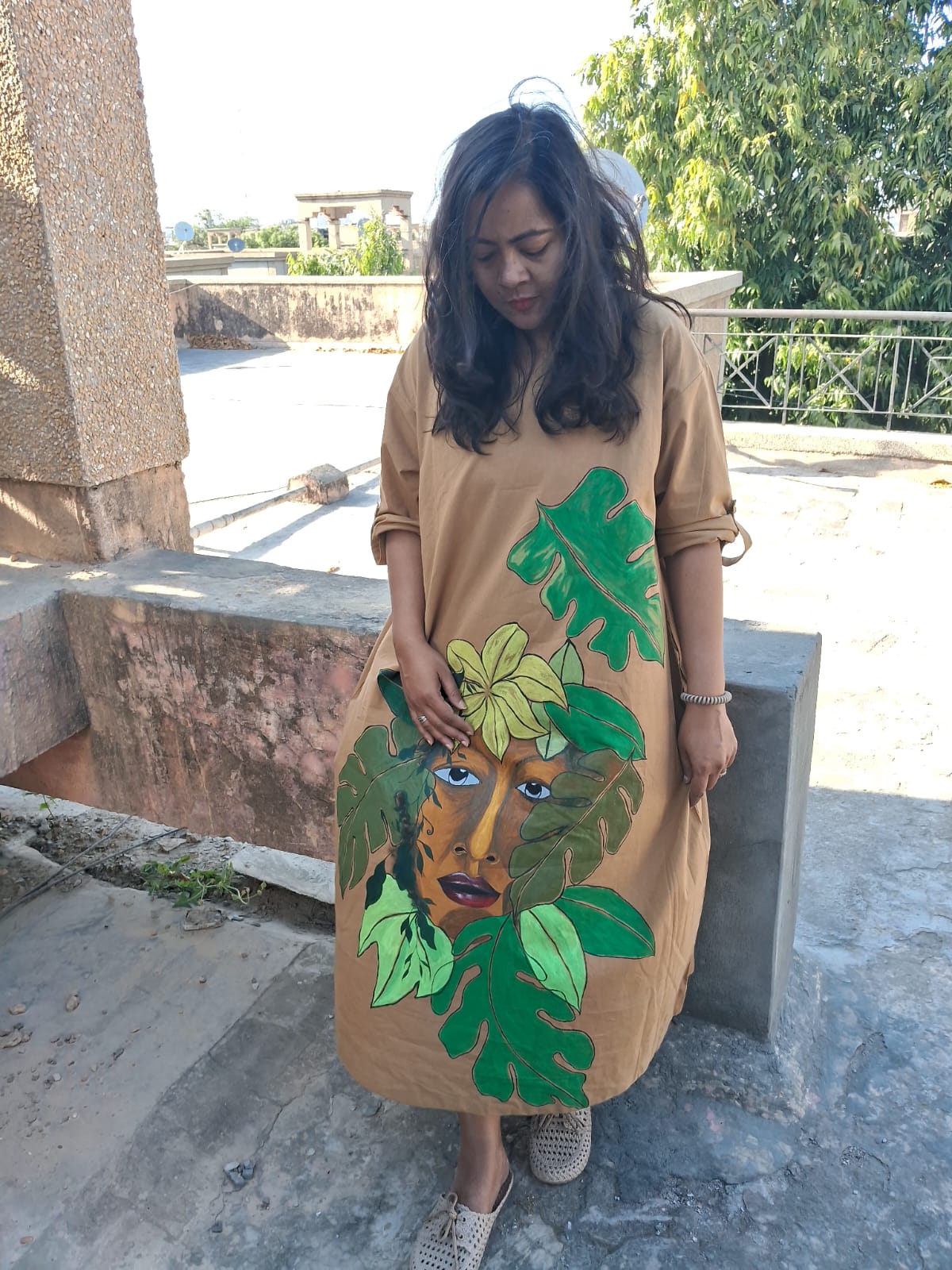 Hand Painted Brown Long Dress for Women | Artistic Maxi Dress – Womens Dress on Brown Living™. SKU: MUDRAYAS16. Img 6.