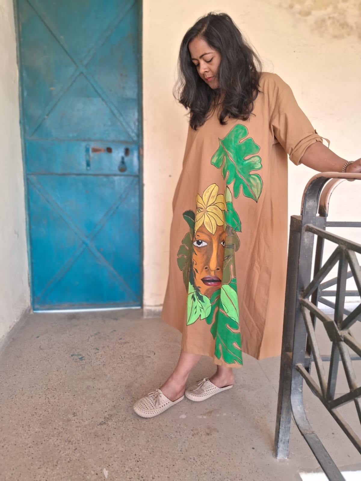 Hand Painted Brown Long Dress for Women | Artistic Maxi Dress – Womens Dress on Brown Living™. SKU: MUDRAYAS16. Img 4.