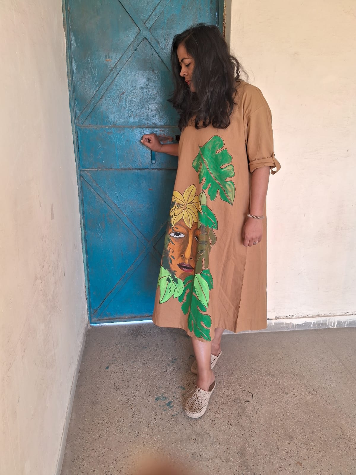 Hand Painted Brown Long Dress for Women | Artistic Maxi Dress – Womens Dress on Brown Living™. SKU: MUDRAYAS16. Img 5.
