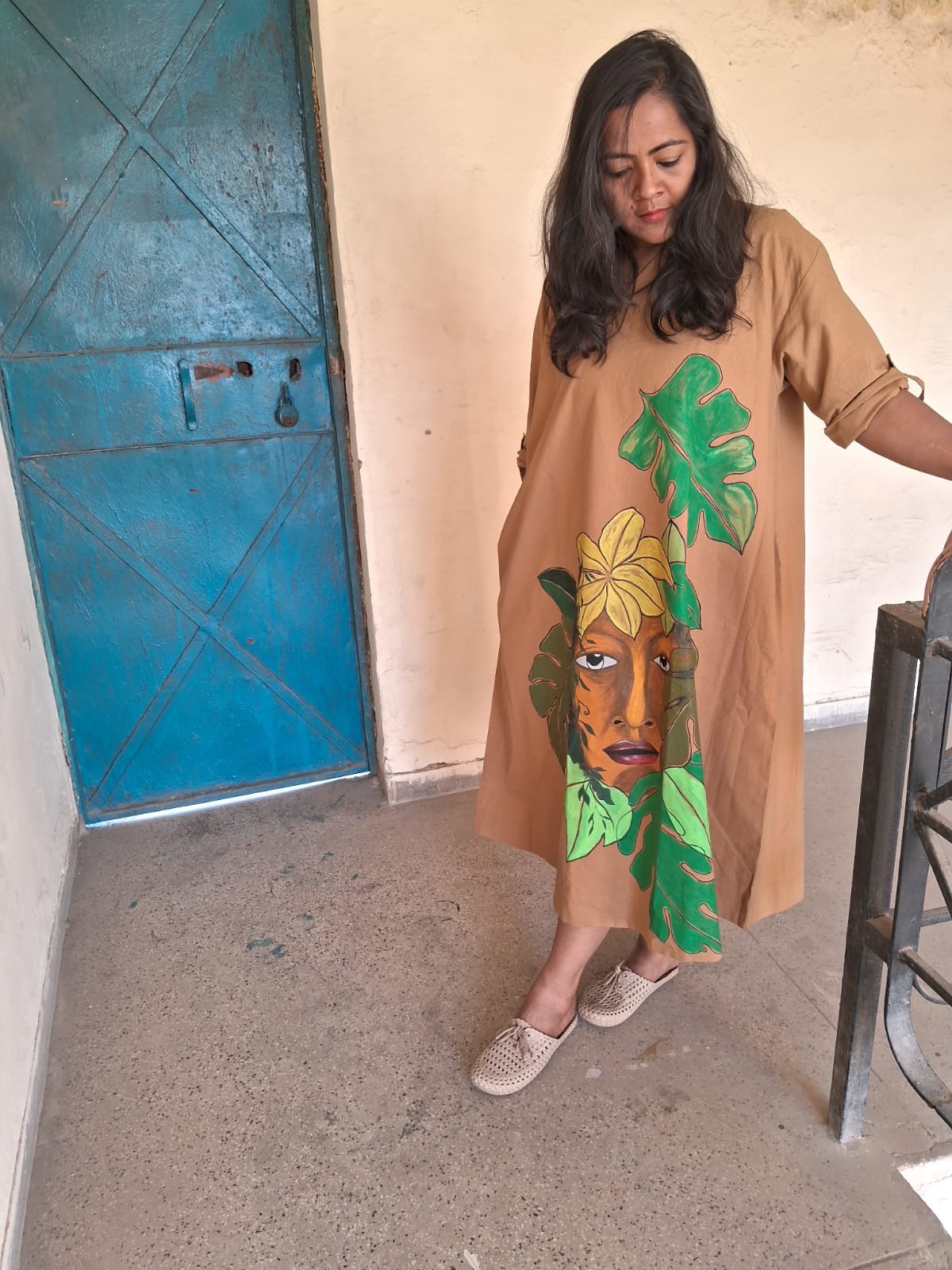 Hand Painted Brown Long Dress for Women | Artistic Maxi Dress – Womens Dress on Brown Living™. SKU: MUDRAYAS16. Img 3.