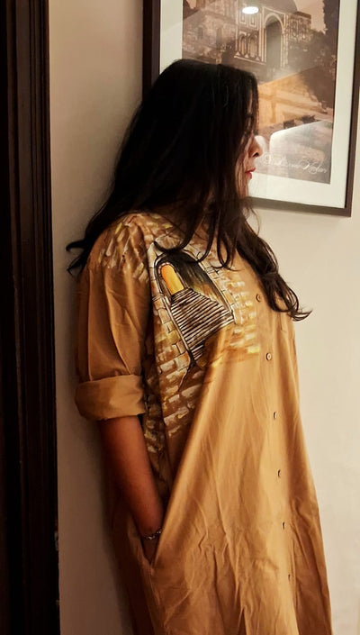 Hand Painted Brown Long Shirt Dress for Women | Cotton Casual Dress – Womens Dress on Brown Living™. SKU: MUDRAYAS9. Img 7.