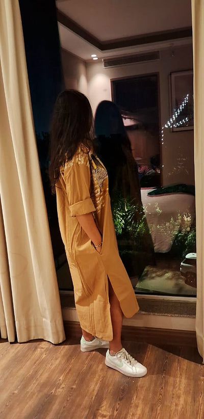 Hand Painted Brown Long Shirt Dress for Women | Cotton Casual Dress – Womens Dress on Brown Living™. SKU: MUDRAYAS9. Img 5.