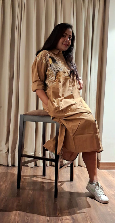 Hand Painted Brown Long Shirt Dress for Women | Cotton Casual Dress – Womens Dress on Brown Living™. SKU: MUDRAYAS9. Img 3.
