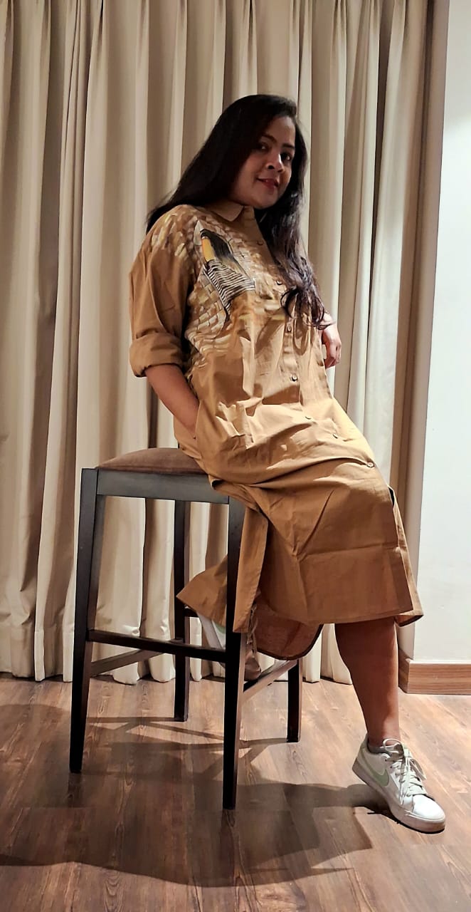 Hand Painted Brown Long Shirt Dress for Women | Cotton Casual Dress – Womens Dress on Brown Living™. SKU: MUDRAYAS9. Img 3.