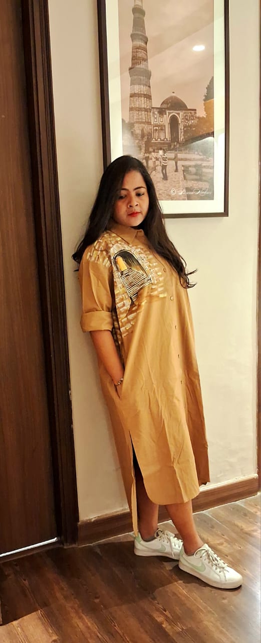 Hand Painted Brown Long Shirt Dress for Women | Cotton Casual Dress – Womens Dress on Brown Living™. SKU: MUDRAYAS9. Img 1.