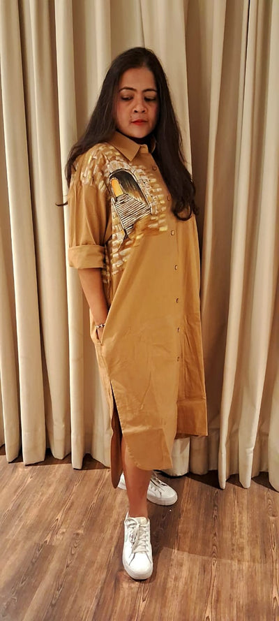 Hand Painted Brown Long Shirt Dress for Women | Cotton Casual Dress – Womens Dress on Brown Living™. SKU: MUDRAYAS9. Img 4.