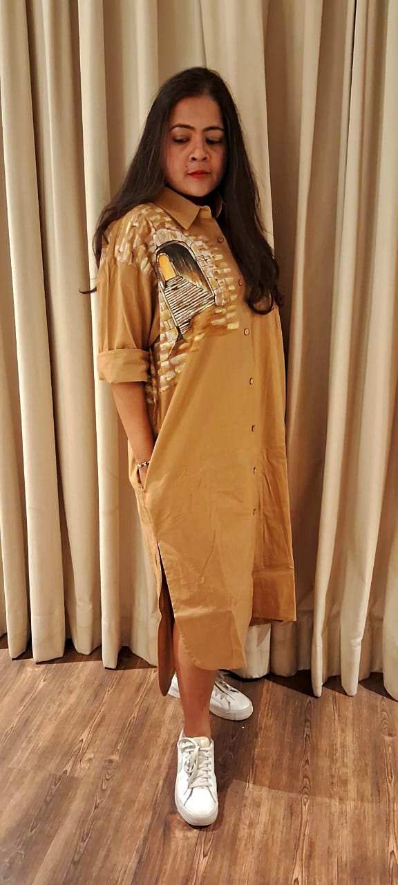 Hand Painted Brown Long Shirt Dress for Women | Cotton Casual Dress – Womens Dress on Brown Living™. SKU: MUDRAYAS9. Img 4.