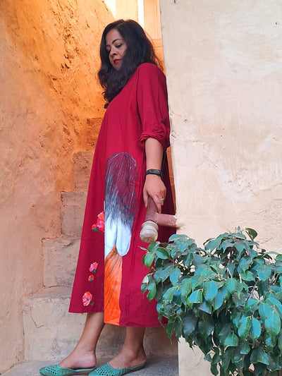 Hand Painted Cotton Long Dress for Women | Artistic Maxi Dress – Womens Dress on Brown Living™. SKU: MUDRAYAS17. Img 1.
