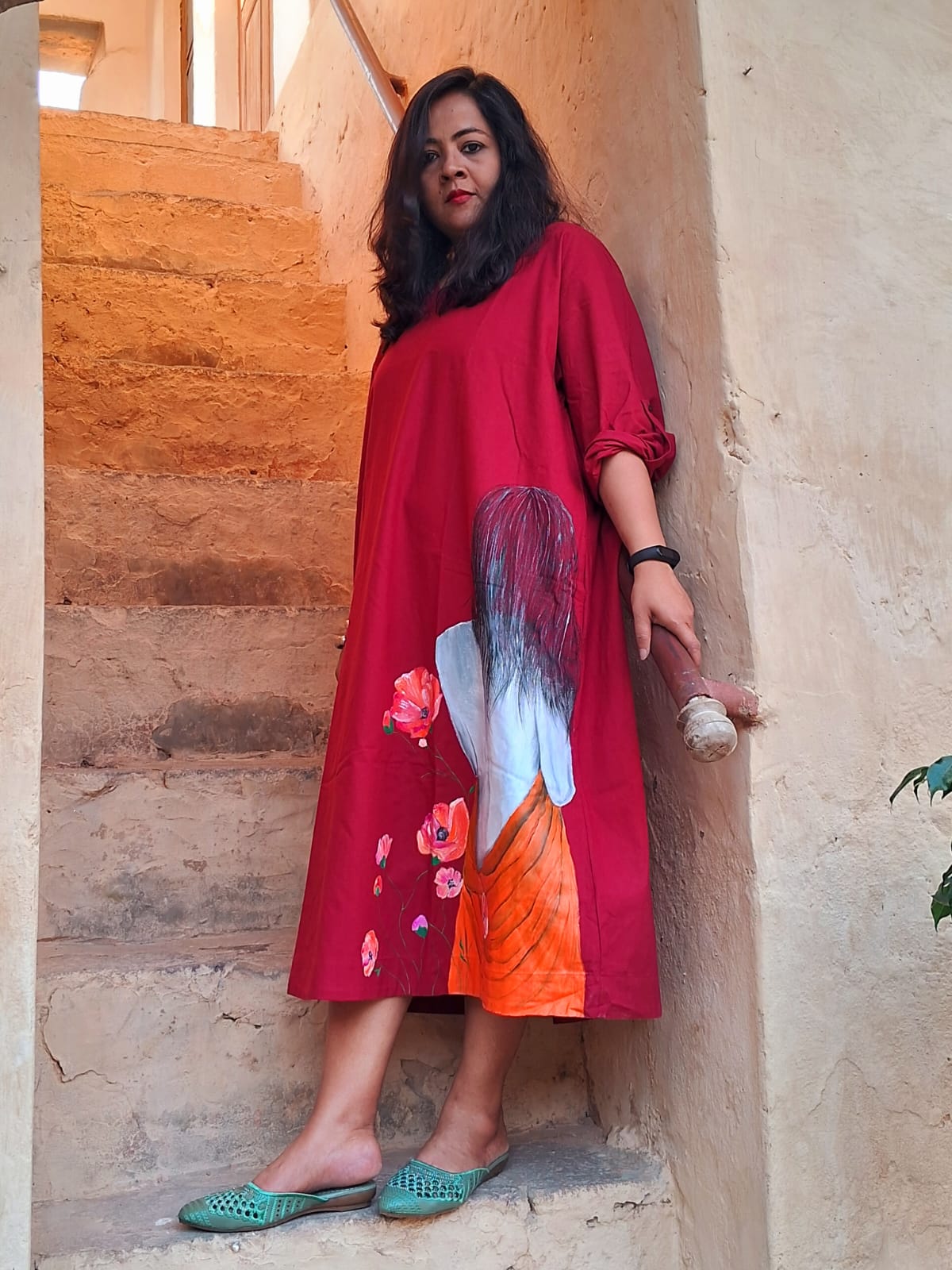 Hand Painted Cotton Long Dress for Women | Artistic Maxi Dress – Womens Dress on Brown Living™. SKU: MUDRAYAS17. Img 2.