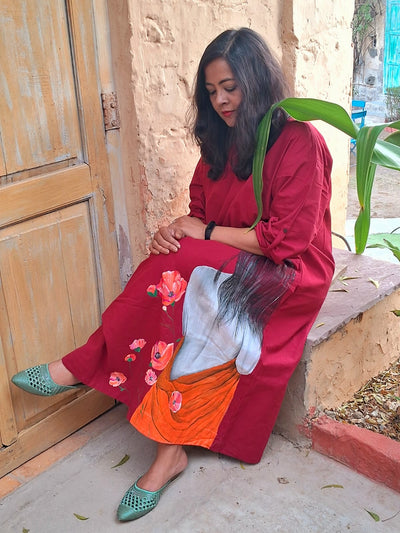 Hand Painted Cotton Long Dress for Women | Artistic Maxi Dress – Womens Dress on Brown Living™. SKU: MUDRAYAS17. Img 3.