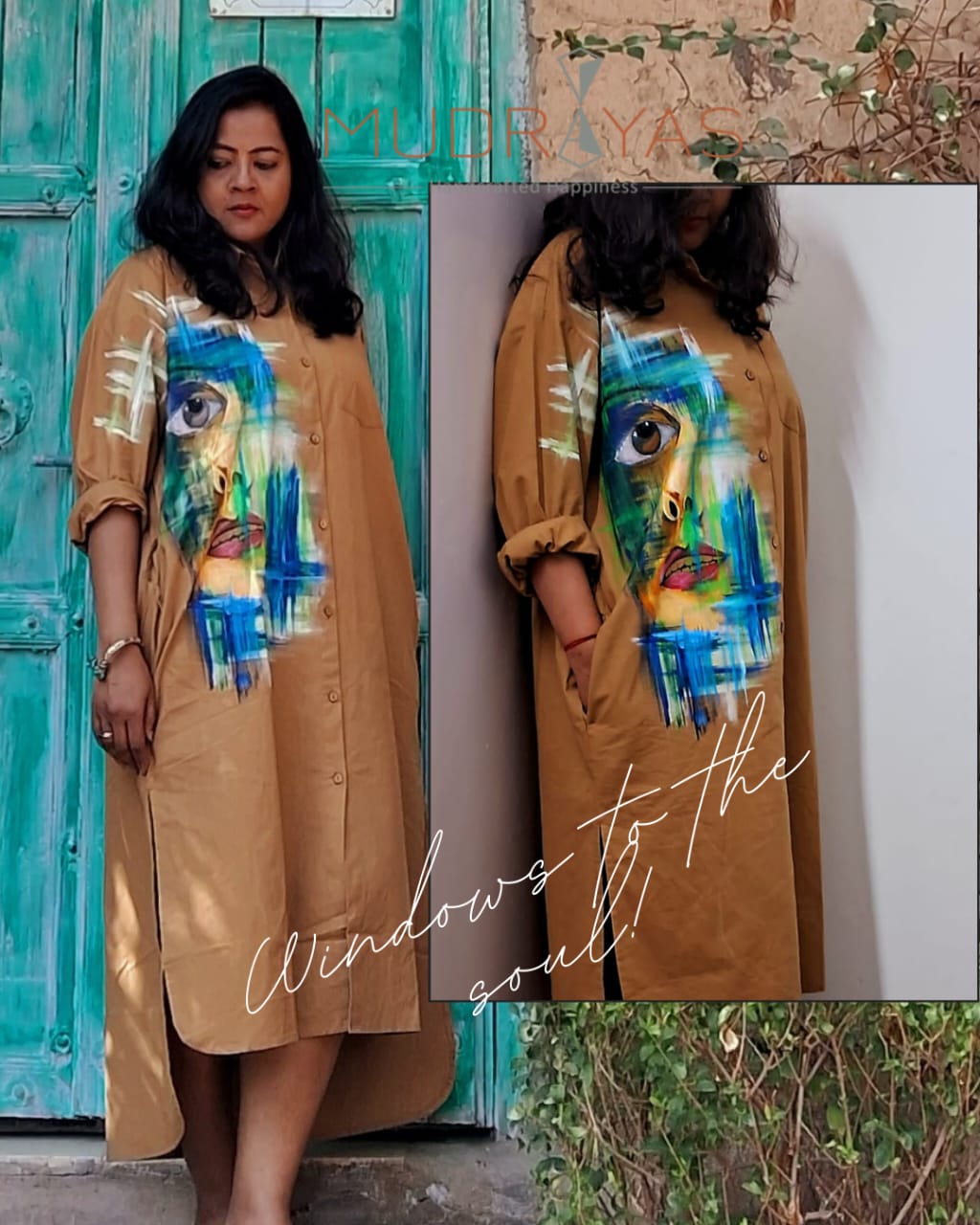 Hand Painted Long Shirt Dress for Women | Cotton Casual Midi Dress – Womens Dress on Brown Living™. SKU: MUDRAYAS2. Img 4.