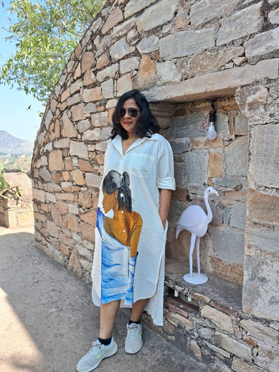 Hand Painted Off White Cotton Dress for Women | Elegant Casual Dress – Womens Dress on Brown Living™. SKU: MUDRAYAS23. Img 3.