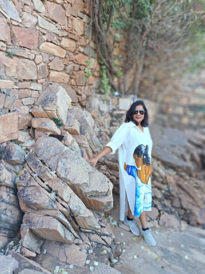 Hand Painted Off White Cotton Dress for Women | Elegant Casual Dress – Womens Dress on Brown Living™. SKU: MUDRAYAS23. Img 5.