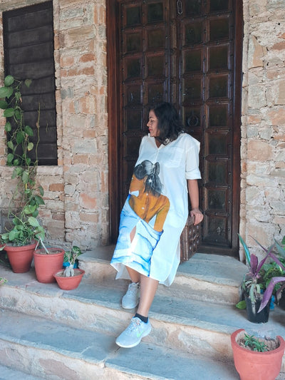 Hand Painted Off White Cotton Dress for Women | Elegant Casual Dress – Womens Dress on Brown Living™. SKU: MUDRAYAS23. Img 2.