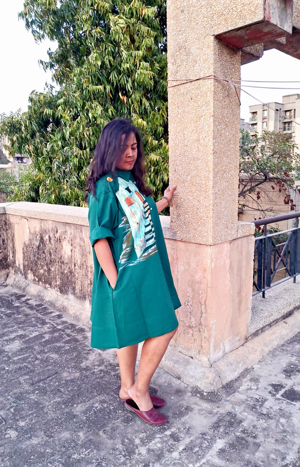 Hand Painted Teal Midi Dress for Women | Cotton Casual Dress – Womens Dress on Brown Living™. SKU: MUDRAYAS18. Img 4.