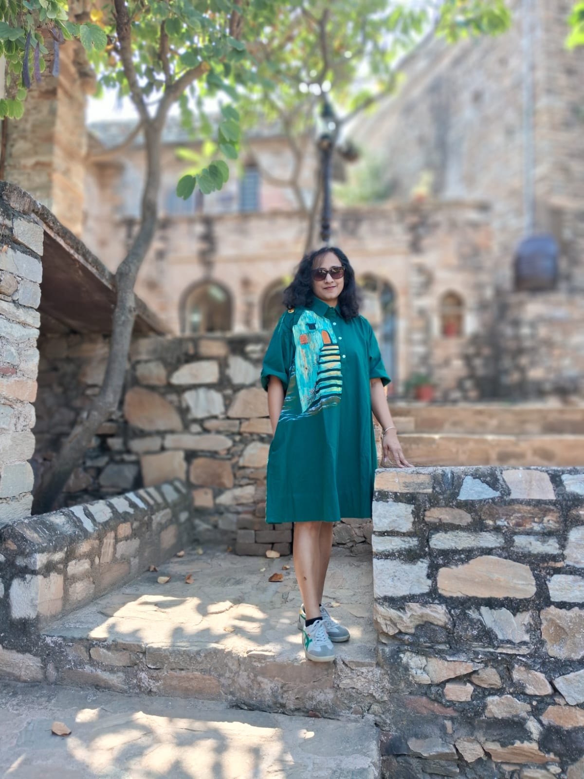 Hand Painted Teal Midi Dress for Women | Cotton Casual Dress – Womens Dress on Brown Living™. SKU: MUDRAYAS18. Img 2.
