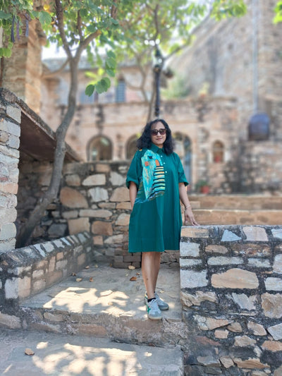 Hand Painted Teal Midi Dress for Women | Cotton Casual Dress – Womens Dress on Brown Living™. SKU: MUDRAYAS18. Img 2.