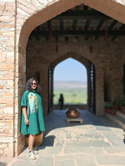 Hand Painted Teal Midi Dress for Women | Cotton Casual Dress – Womens Dress on Brown Living™. SKU: MUDRAYAS18. Img 3.